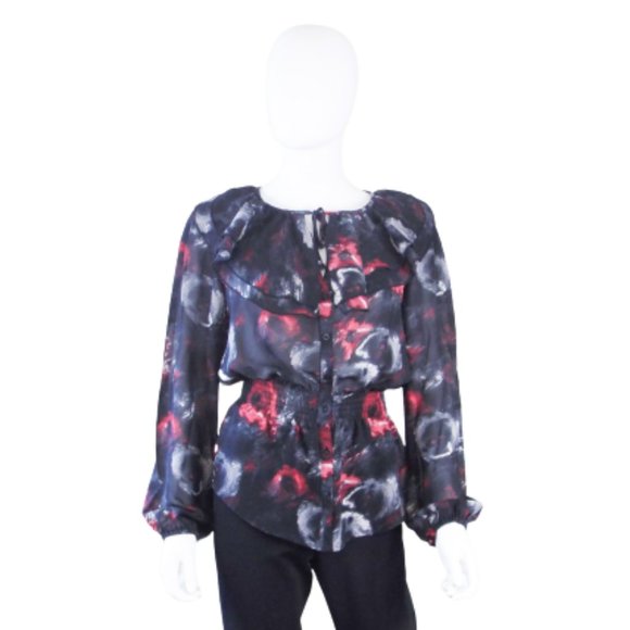 MISS TINA BLACK AND RED FLORAL RUFFLE FRONT LONG SLEEVE BLOUSE - SZ 8/10 - Picture 1 of 6